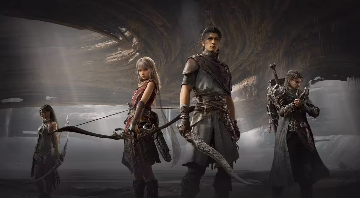 Trois chasseurs armés posent dans une caverne, concept art du jeu HoYoverse Nodusfall