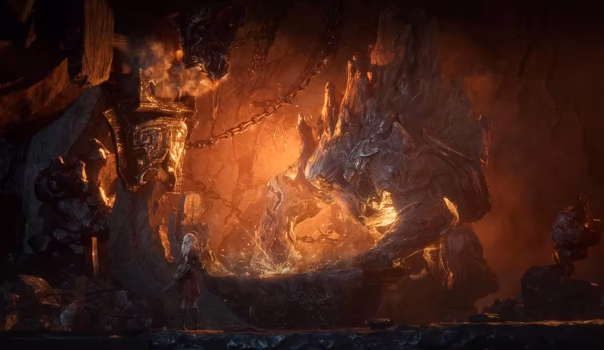 Grande créature rocheuse et scène de forge incandescente dans une grotte, concept art de jeu