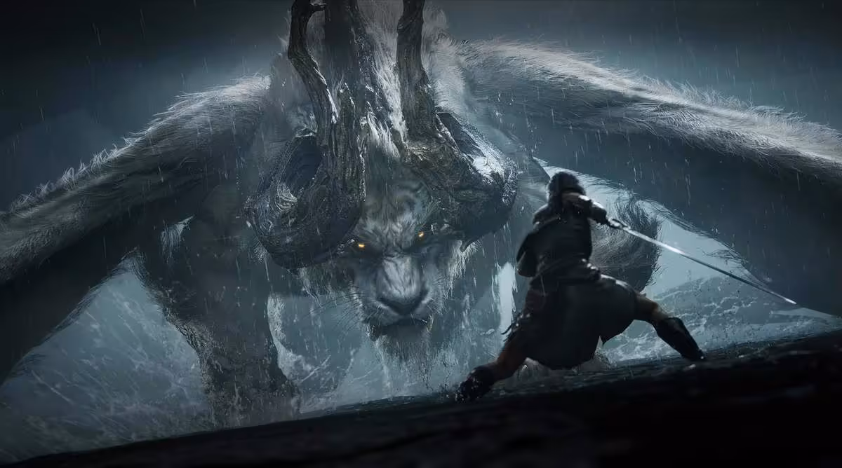 Chasseur affrontant un monstre géant dans une grotte sombre, illustration conceptuelle de Nodusfall