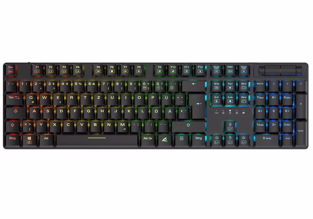 PureWriter W100 : Sharkoon lance un clavier low-profile sans-fil à 59,90 euros 2 Clavier Sharkoon PureWriter W100 noir, vue de face avec disposition complète et éclairage RGB