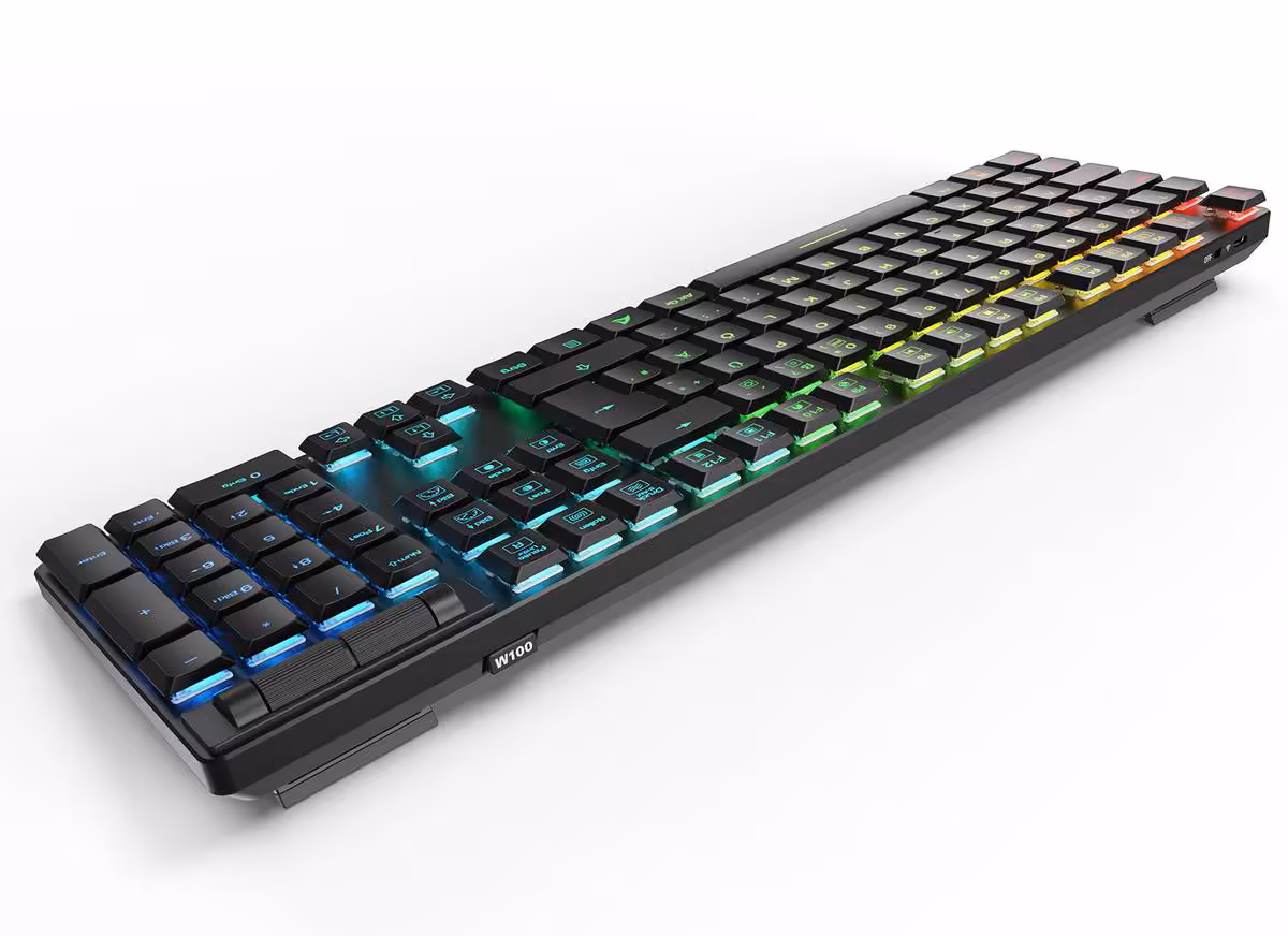 PureWriter W100 : Sharkoon lance un clavier low-profile sans-fil à 59,90 euros 3 Clavier Sharkoon PureWriter W100 ultra-fin, vue en perspective avec rétroéclairage RGB sur fond blanc
