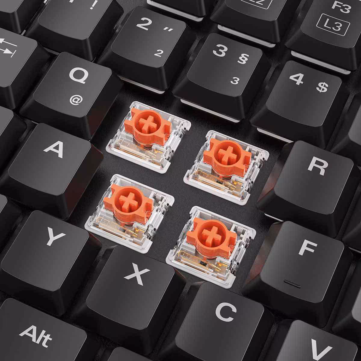 PureWriter W100 : Sharkoon lance un clavier low-profile sans-fil à 59,90 euros 4 Gros plan sur les switches mécaniques du clavier Sharkoon PureWriter W100, touches noires visibles