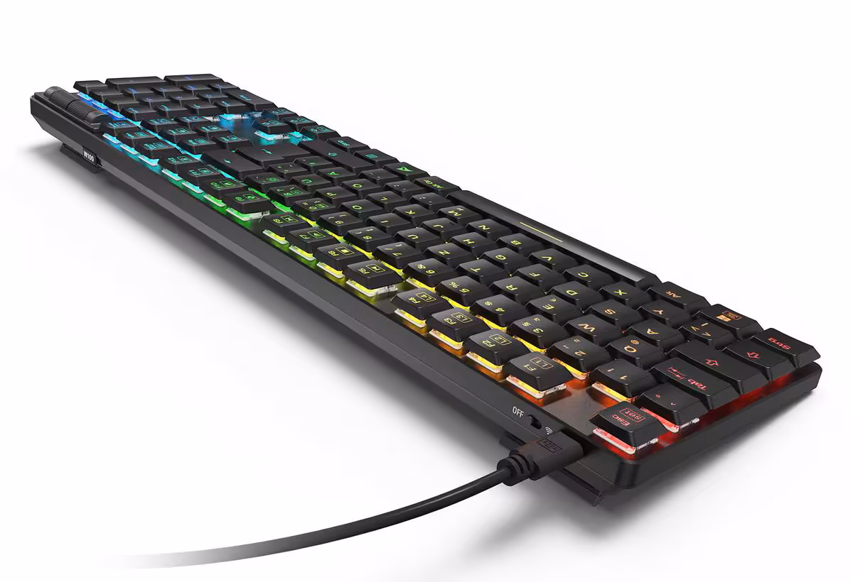 PureWriter W100 : Sharkoon lance un clavier low-profile sans-fil à 59,90 euros 5 Clavier Sharkoon PureWriter W100 fin avec câble USB, rétroéclairage RGB arc-en-ciel sur fond blanc