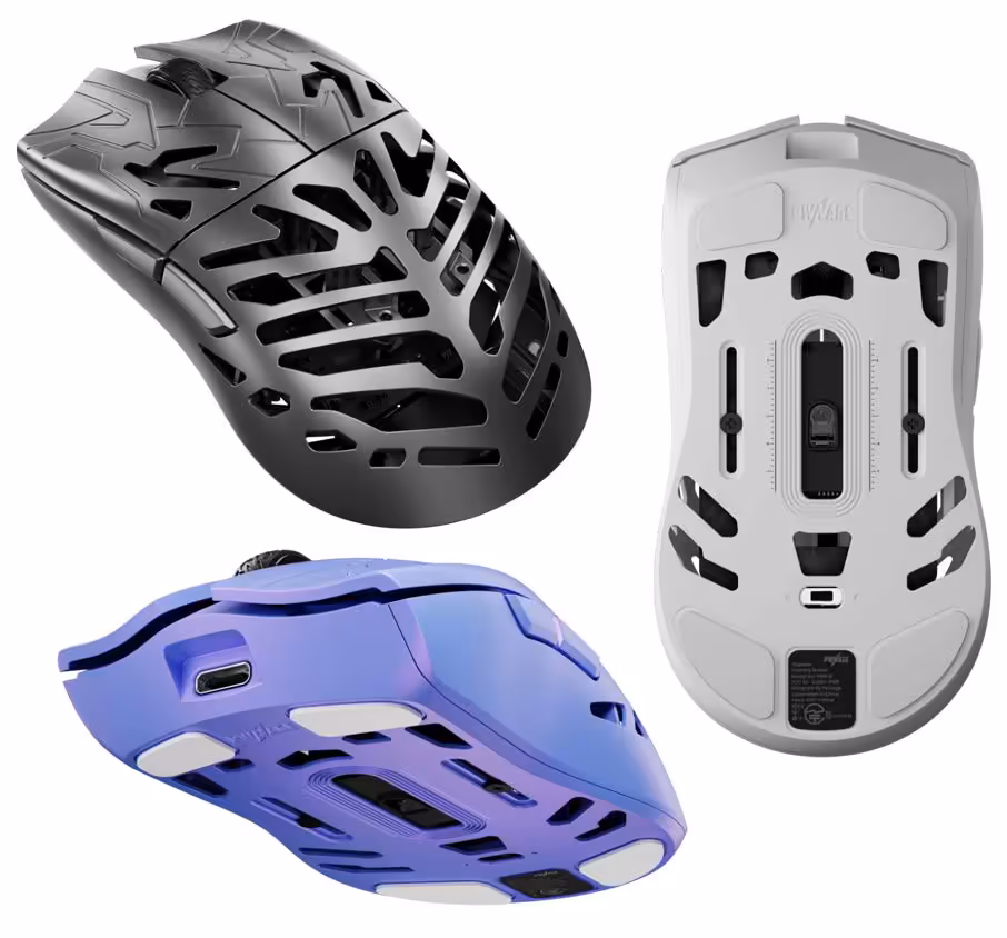 Pwnage Vanta : une souris gaming de 49 g aux clics et capteur physiquement ajustables 2 Trois vues de la souris Pwnage Vanta, finitions noire, blanche et violette, dessous ventilé