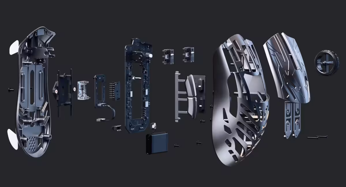 Pwnage Vanta : une souris gaming de 49 g aux clics et capteur physiquement ajustables 4 Vue éclatée de la souris Pwnage Vanta montrant châssis, coque, capteurs et composants internes