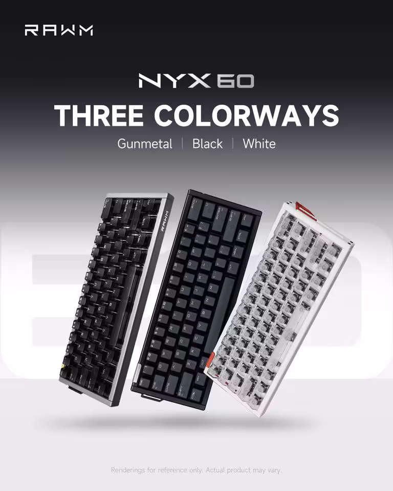 RAWM Nyx60 : un clavier optique 60 % en aluminium arrive sur Kickstarter le 3 septembre 2 Claviers RAWM Nyx60 en trois coloris, Gunmetal, noir et blanc, format 60 % en aluminium