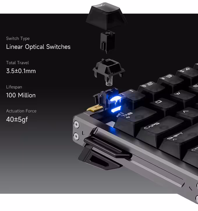 RAWM Nyx60 : un clavier optique 60 % en aluminium arrive sur Kickstarter le 3 septembre 4 Switchs optiques linéaires du clavier RAWM Nyx60, course 3,5 mm et force 40±5 gf