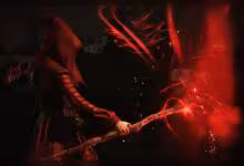 Personnage de jeu vidéo brandissant un bâton magique, effets lumineux rouges et ambiance sombre fantastique