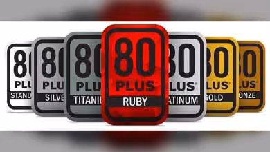 Logos de certification alimentation 80 Plus, avec badge central Ruby rouge, entouré de Silver, Titanium, Platinum, Gold et Br
