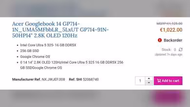 Capture écran listing Acer Googlebook 14 GP714 avec spécifications et prix en euros.
