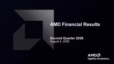 Slide de présentation AMD Financial Results, Second Quarter 2026, fond noir avec logo AMD.