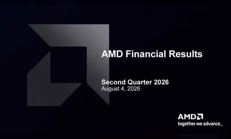 AMD Q2 2026 : 11,5 milliards de dollars et un Data Center qui pèse déjà 58 % 1 Slide de présentation AMD Financial Results, Second Quarter 2026, fond noir avec logo AMD.