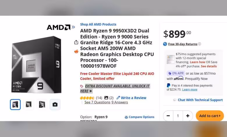 Ryzen 9 9950X3D2 : le 16 cœurs Zen 5 d’AMD tombe à 799 $ avec AIO 240 mm offert 1 Capture écran offre AMD Ryzen 9 9950X3D2 avec prix 899 dollars et réduction promo.