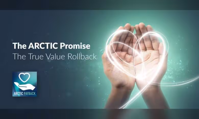 Arctic baisse ses prix aux États-Unis après le remboursement des droits de douane 1 Visuel promotionnel Arctic Payback avec mains en forme de cœur et texte The Arctic Promise, fond vert turquoise