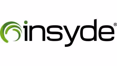 Logo Insyde vert et noir sur fond blanc, symbole circulaire stylisé à gauche du nom