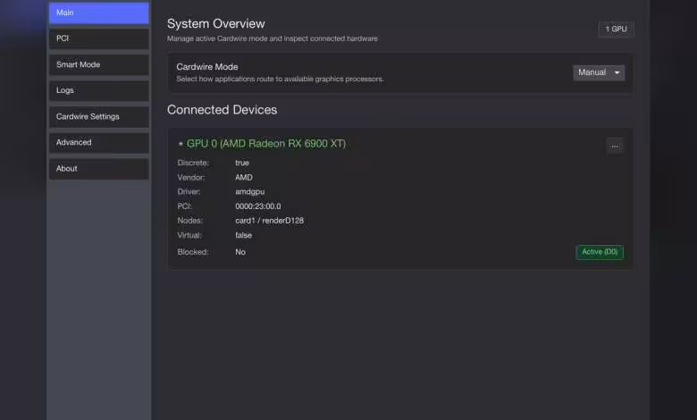 Bazzite 44 ajoute le surengagement VRAM, le HDMI 2.1 AMD et Cardwire sous Linux 1 Capture d'écran d'un logiciel montrant une AMD Radeon RX 6900 XT dans les périphériques connectés.