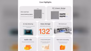 Capture caractéristiques Beelink ME Pro NAS stockage 132 TB, design compact, connectiques visibles