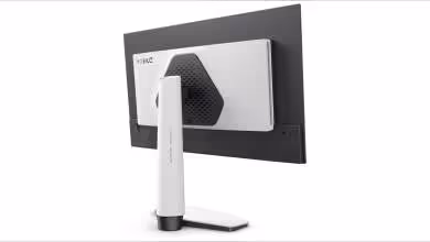 Vue latérale BenQ MOBIUZ EX271QMZ, contraste fort, fond blanc/gris, design moderne