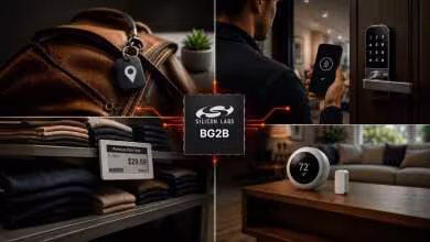 Visuel promotionnel Silicon Labs BG2B avec objets connectés, serrure intelligente, thermostat et badge Bluetooth LE général