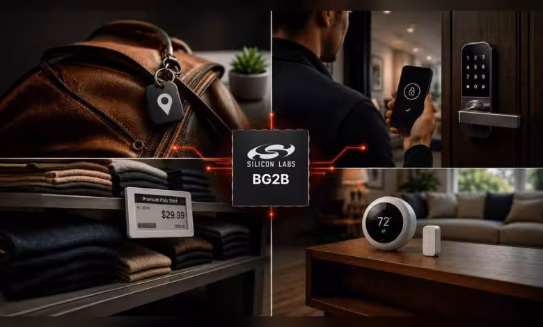 BG2B : Silicon Labs signe son SoC Bluetooth LE le plus sobre pour l’IoT sécurisé 1 Visuel promotionnel Silicon Labs BG2B avec objets connectés, serrure intelligente, thermostat et badge Bluetooth LE général