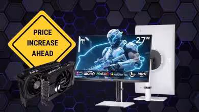 Visuel promotionnel avec panneau "Price Increase Ahead", carte graphique et moniteur gaming 27 pouces, marque non visible.