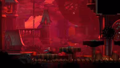 Capture d’écran du jeu Castlevania, château gothique rouge, plateformes, personnages pixel art et ambiance sombre.