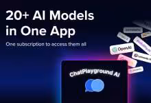 Visuel promotionnel ChatPlayground AI avec texte “20+ AI Models in One App” et logos OpenAI, Anthropic, Gemini