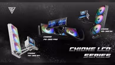 Visuel Gamdias CHIONE LCD Series avec CHIONE P5-360 PRO, M5-360 WH et M5-360 BK
