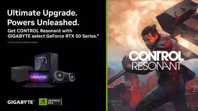 Visuel promotionnel Gigabyte GeForce RTX 50 Series avec jeu CONTROL Resonant offert, logos AORUS et NVIDIA RTX