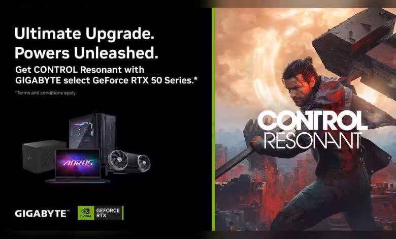 CONTROL Resonant : Gigabyte bundle le jeu avec ses GeForce RTX 50, PC et laptops 1 Visuel promotionnel Gigabyte GeForce RTX 50 Series avec jeu CONTROL Resonant offert, logos AORUS et NVIDIA RTX