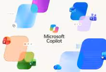 Illustration Microsoft Copilot avec logo central, icônes Microsoft 365 colorées et interface abstraite sur fond clair