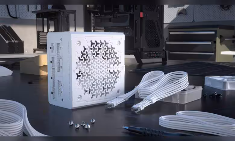 Corsair RMe Platinum 2026 : des alimentations ATX 3.1 avec câble 12V-2x6 ThermalProtect 1 Alimentation Corsair blanche avec câbles modulaires posée sur un bureau, installation PC en arrière-plan