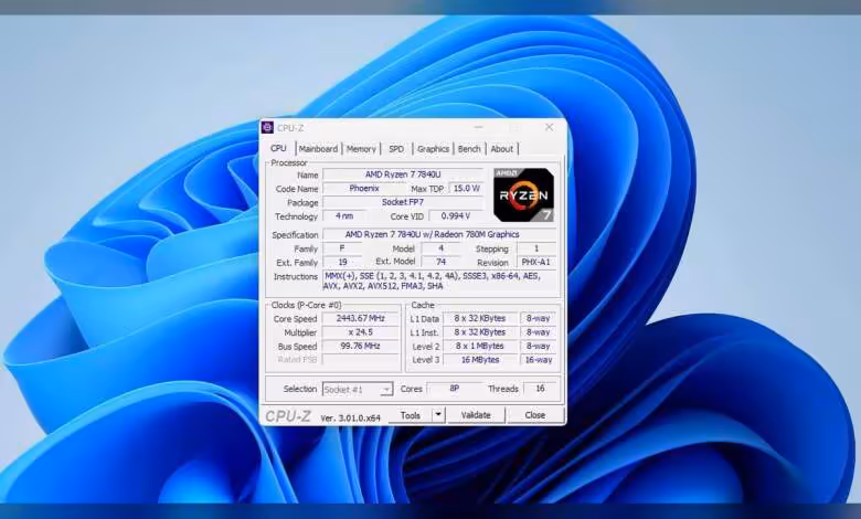 CPU-Z 3.01 inaugure un nouveau validateur plus strict et plus souple pour l’overclocking 1 Fenêtre CPU-Z sur bureau Windows 11, processeur AMD Ryzen 7 7840U visible avec logo Ryzen
