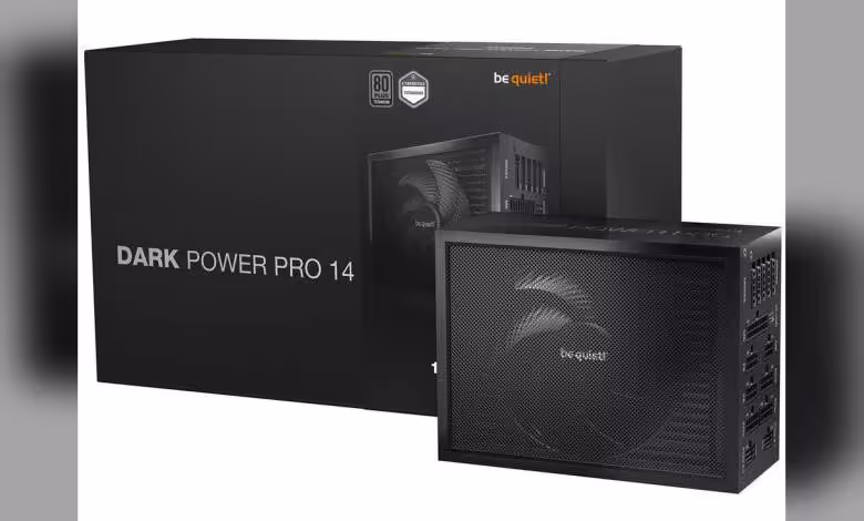 Boîte be quiet! Dark Power Pro 14 et alimentation modulaire noire avec ventilateur silencieux visible