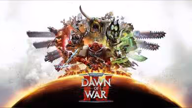 Illustration officielle Warhammer 40,000: Dawn of War avec logo du jeu et personnages orks au centre