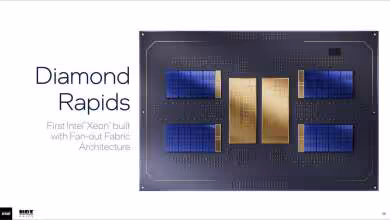 Puce Intel Diamond Rapids illustrée en vue supérieure, avec blocs de cœurs bleus et matrice centrale dorée