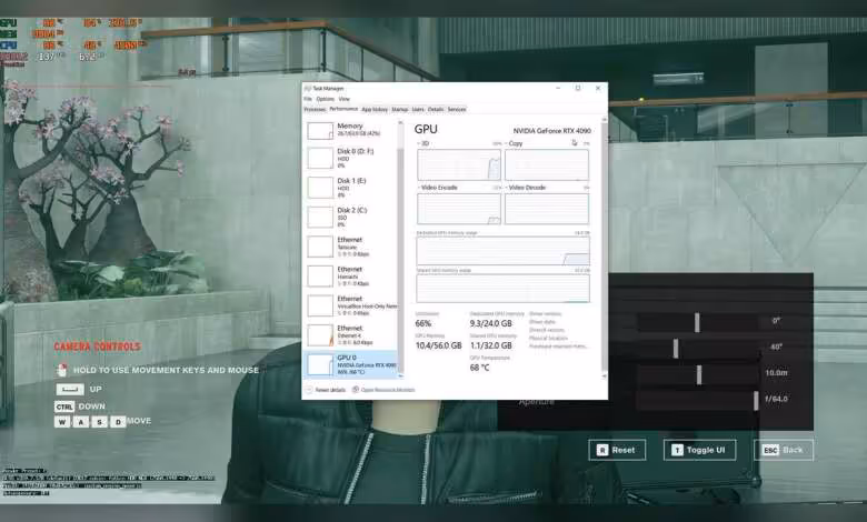 DLSS 5 porté sur les GeForce RTX 4000 malgré un verrou initial aux RTX 5000 1 Interface NVIDIA affichant une carte GeForce RTX 4080 Super en arrière-plan avec fenêtre du Gestionnaire des tâches ouverte