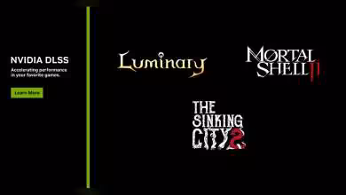Visuel NVIDIA DLSS avec logos Luminary, Mortal Shell II et The Sinking City 2 sur fond noir