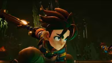 Personnage de Duskfade avec épée lumineuse dans une jungle sombre, gros plan cinématique