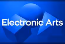 Logo Electronic Arts blanc sur fond bleu dégradé avec formes géométriques et sphère lumineuse centrale