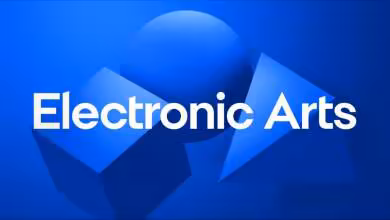 Logo Electronic Arts blanc sur fond bleu dégradé avec formes géométriques et sphère lumineuse centrale