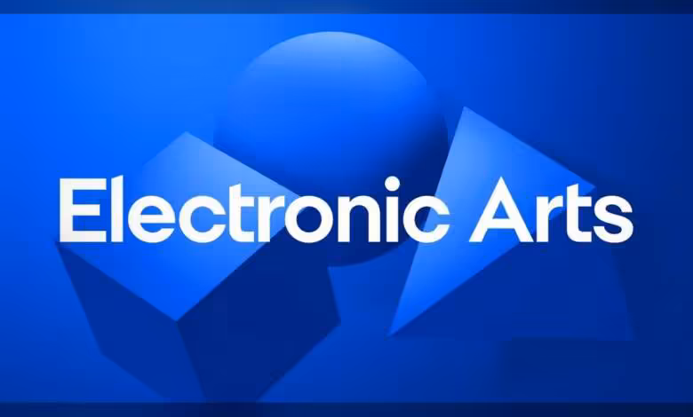 Logo Electronic Arts blanc sur fond bleu dégradé avec formes géométriques et sphère lumineuse centrale