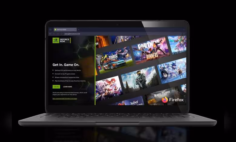 GeForce NOW sur Firefox : NVIDIA ouvre enfin son cloud gaming au navigateur de Mozilla 1 Ordinateur portable affichant GeForce NOW dans Firefox, avec interface de jeux NVIDIA visible