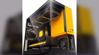 Boîtier Geometric Future Model 3 microATX noir et jaune, vue transparente avec composants internes visibles