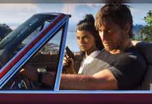Capture de GTA 6 montrant deux personnages en voiture décapotable, ambiance action sur PS5