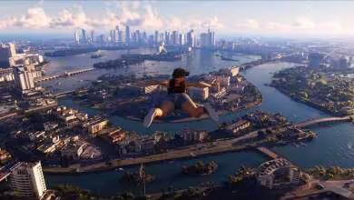 Vue aérienne de GTA 6 montrant une ville côtière, un personnage en chute libre et des îles reliées par des canaux