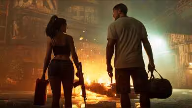 Scène de GTA 6 avec deux personnages armés devant un incendie urbain nocturne illuminé par des néons rouges