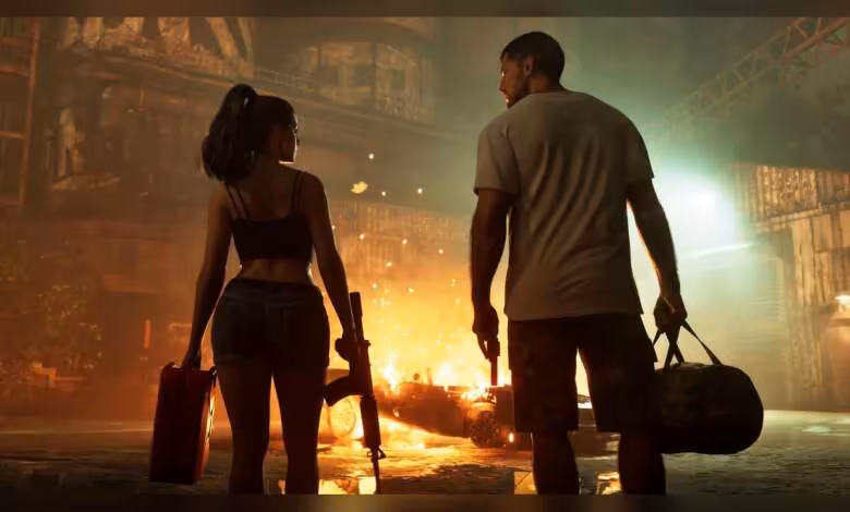 GTA 6 arriverait sans microtransactions ni IA générative au lancement 1 Scène de GTA 6 avec deux personnages armés devant un incendie urbain nocturne illuminé par des néons rouges
