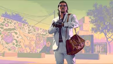Illustration de GTA VI avec personnage masculin en costume blanc, fond pastel urbain.