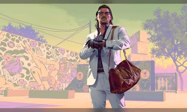 GTA VI : les fuites auraient effacé 2,83 milliards de dollars de valorisation chez Take-Two 1 Illustration de GTA VI avec personnage masculin en costume blanc, fond pastel urbain.